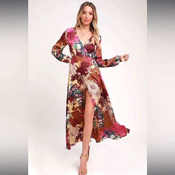 Lulu’s Put on a Smile Burgundy Floral Print Satin Wrap Maxi Dress, size S. - Picture 4 of 10
